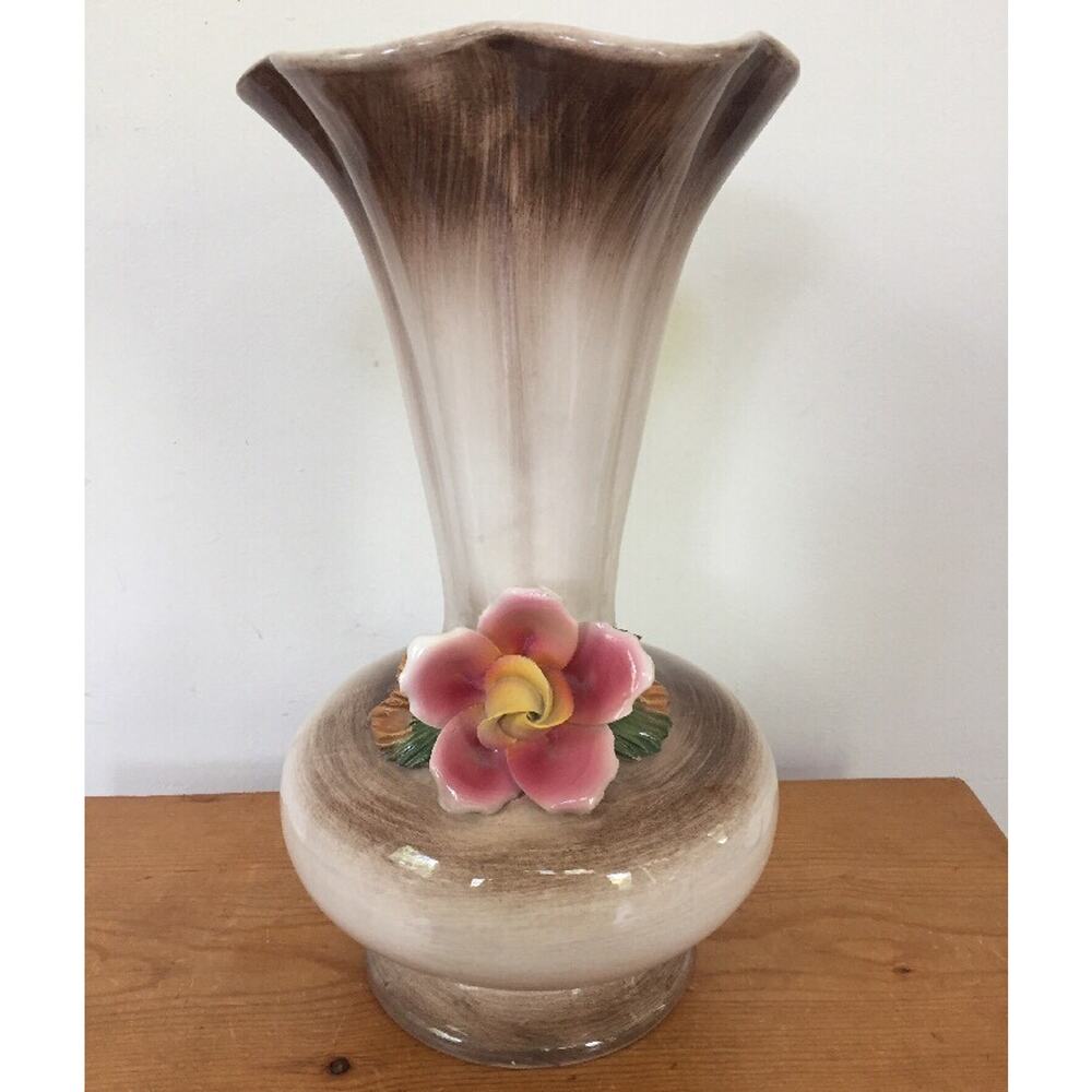 Vintage Italian Capodimonte Ceramic Wide Mouth Floral Vase Red Orange Rose Decor